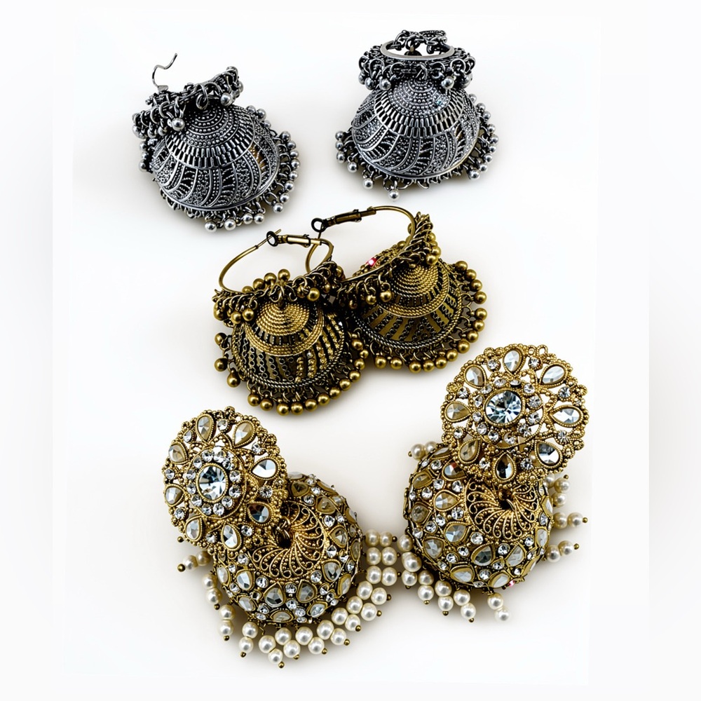 Jhumka Trio Bundle:Oxidized Silver, Antique Gold,Kundan Pearl Statement Earrings